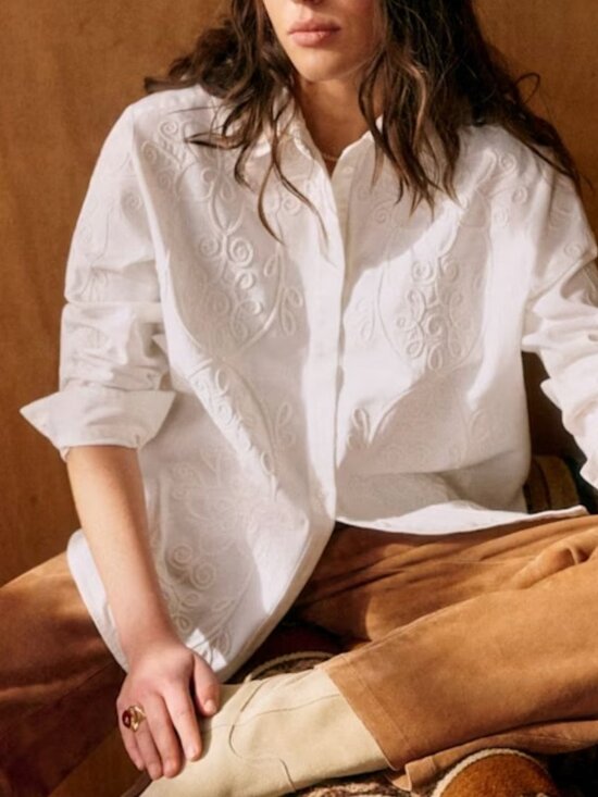 Sezane Tops - Sézane x Lucia Vergara Maxy Shirt Ecru with Daisy Embroidery Size FR 46